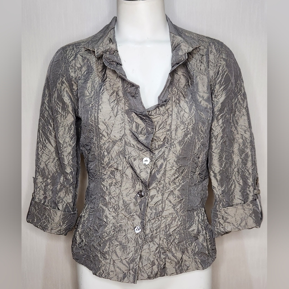 Chicos Jacket Size 0 Crinkled Sheen Jolena 3/4 Sleeve Open Front Egyptian Sand